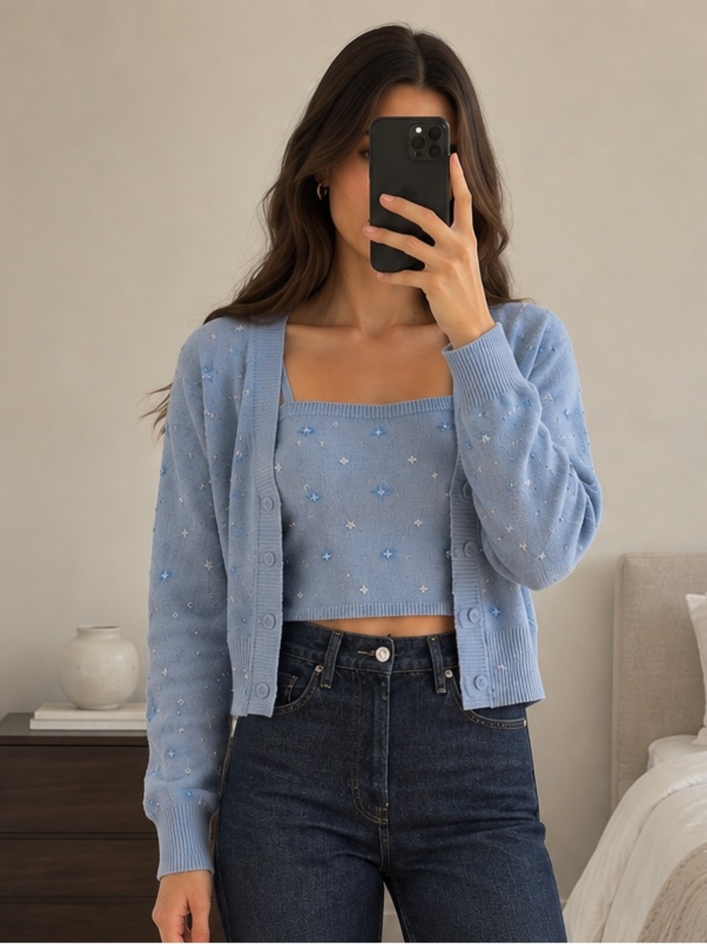Endless Rose baby Blue Beaded Cardigan & Crop Top Set S XS Brand New